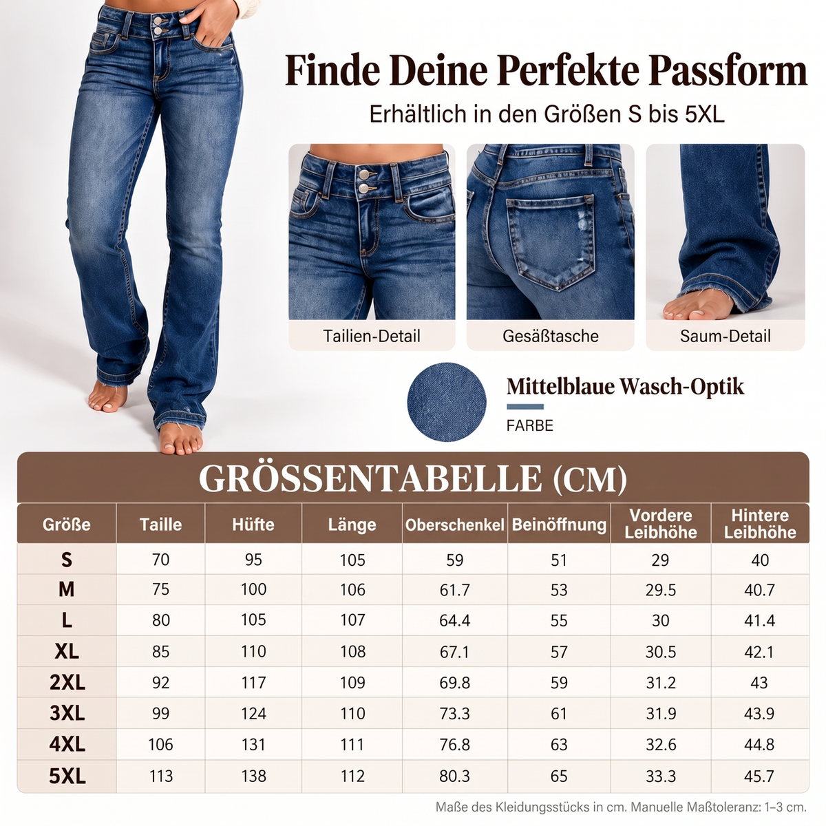 Damen Jeans mit zwei Knöpfen, hoher Taille und Bootcut-Bein