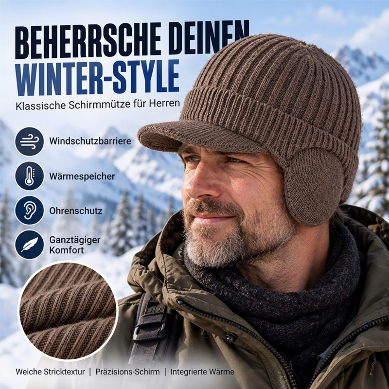 🔥🧢Bestseller | Ohrenklappen & Wärme, Winterschutz – Herren Winter Strickmütze mit Schirm und Ohrenklappen