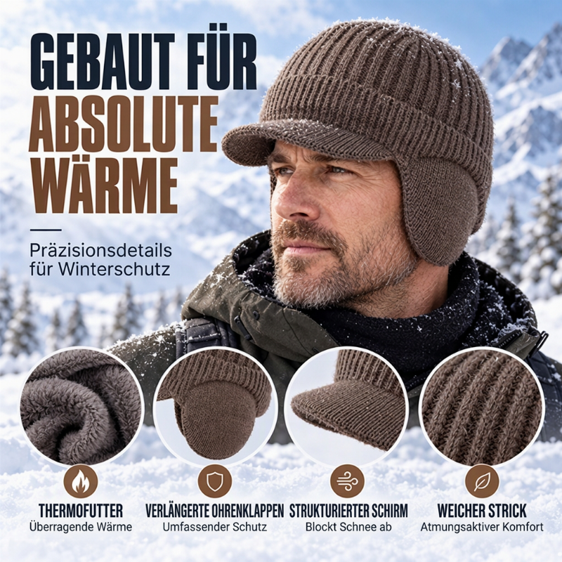 🔥🧢Bestseller | Ohrenklappen & Wärme, Winterschutz – Herren Winter Strickmütze mit Schirm und Ohrenklappen