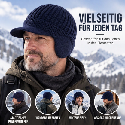 🔥🧢Bestseller | Ohrenklappen & Wärme, Winterschutz – Herren Winter Strickmütze mit Schirm und Ohrenklappen