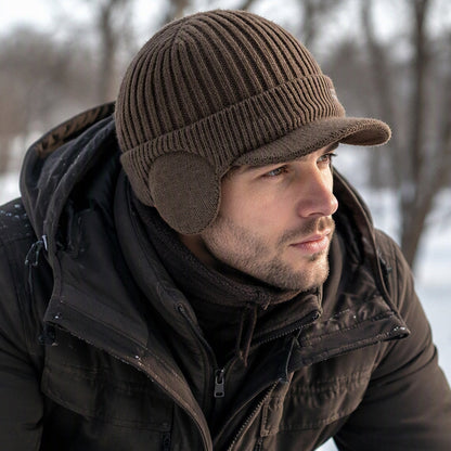 🔥🧢Bestseller | Ohrenklappen & Wärme, Winterschutz – Herren Winter Strickmütze mit Schirm und Ohrenklappen