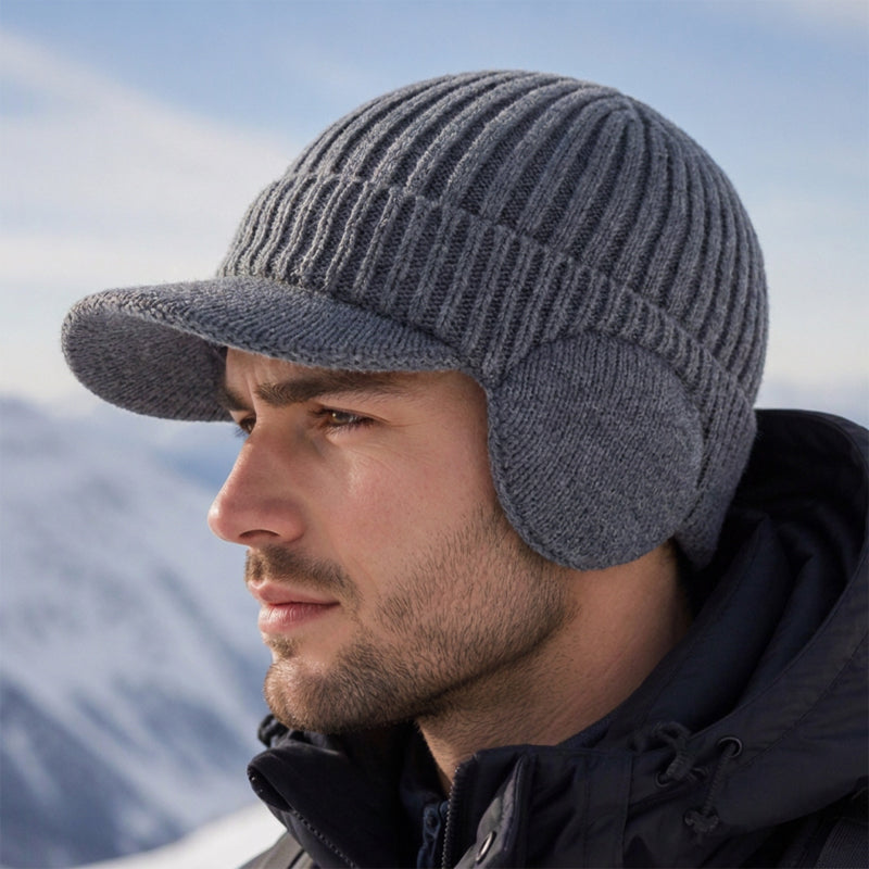 🔥🧢Bestseller | Ohrenklappen & Wärme, Winterschutz – Herren Winter Strickmütze mit Schirm und Ohrenklappen