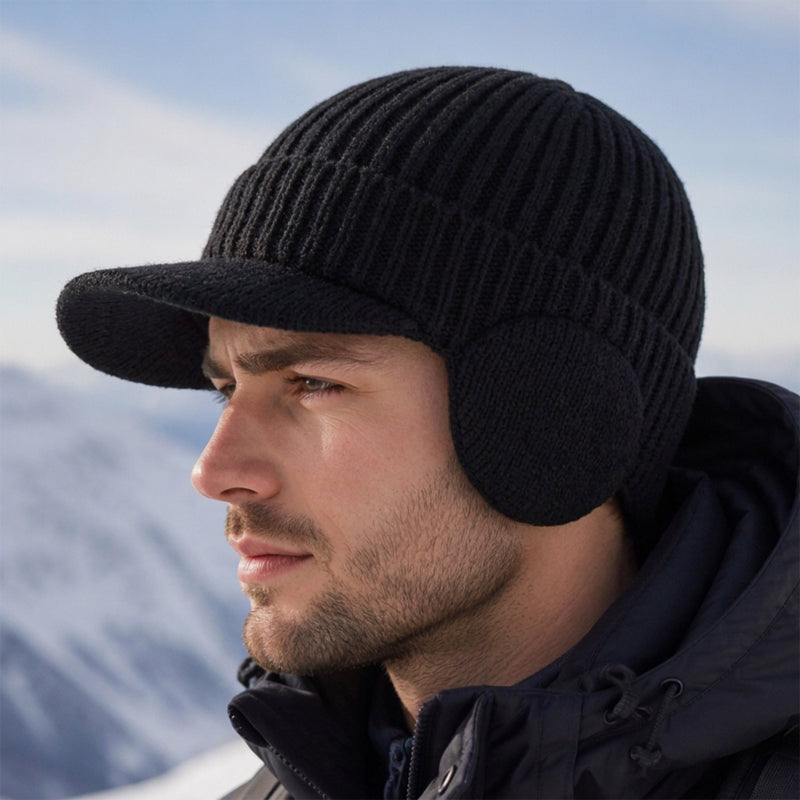 🔥🧢Bestseller | Ohrenklappen & Wärme, Winterschutz – Herren Winter Strickmütze mit Schirm und Ohrenklappen