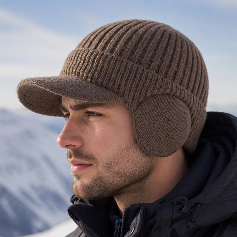 🔥🧢Bestseller | Ohrenklappen & Wärme, Winterschutz – Herren Winter Strickmütze mit Schirm und Ohrenklappen