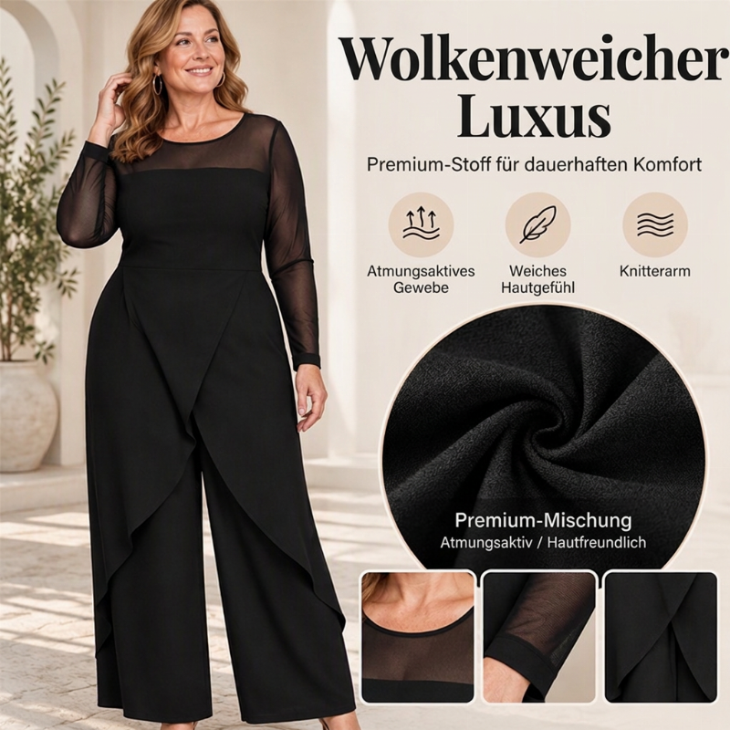 Eleganter Damen-Overall aus Mesh mit langen Ärmeln und Wickeloverlay