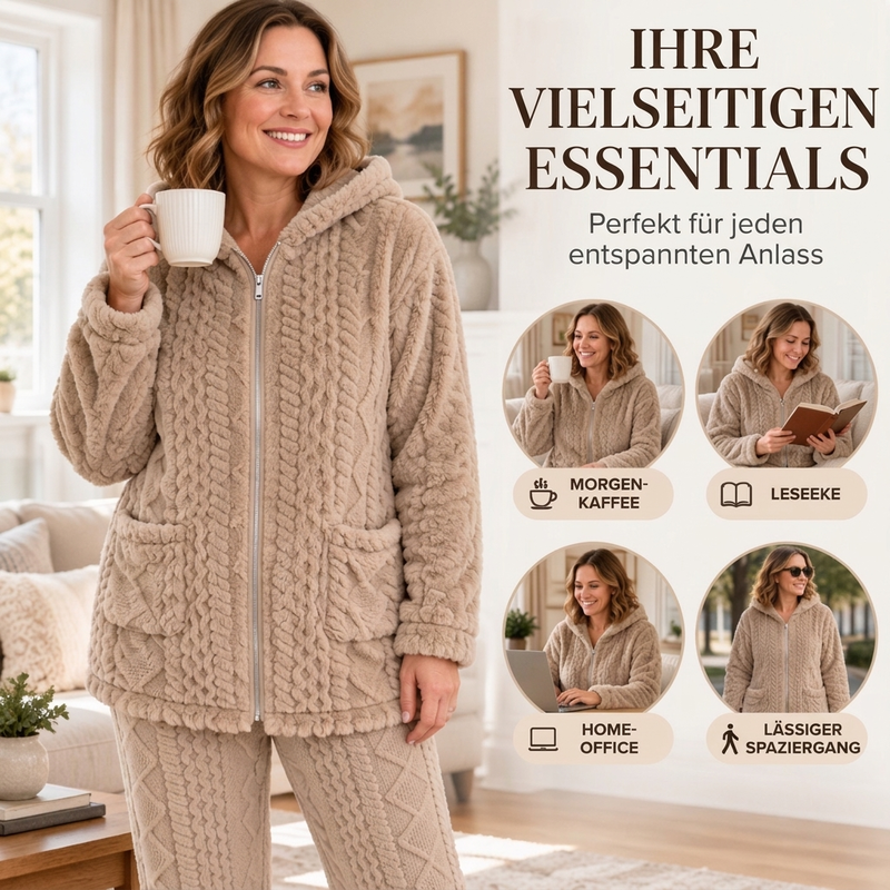 🔥🧶Bestseller | Plüsch-Wärme, Home-Komfort – Damen Plüsch Zopfstrick Kapuzenjacke & Hosen Set