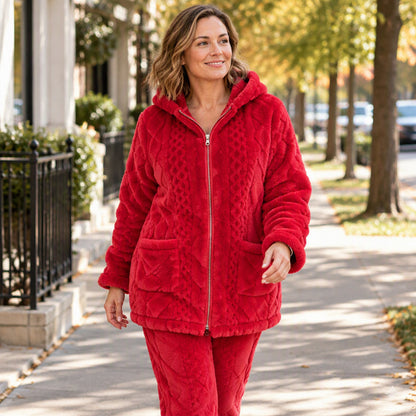 🔥🧶Bestseller | Plüsch-Wärme, Home-Komfort – Damen Plüsch Zopfstrick Kapuzenjacke & Hosen Set