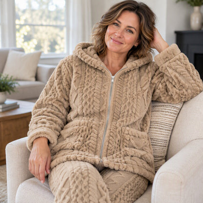 🔥🧶Bestseller | Plüsch-Wärme, Home-Komfort – Damen Plüsch Zopfstrick Kapuzenjacke & Hosen Set