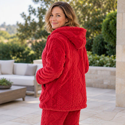 🔥🧶Bestseller | Plüsch-Wärme, Home-Komfort – Damen Plüsch Zopfstrick Kapuzenjacke & Hosen Set