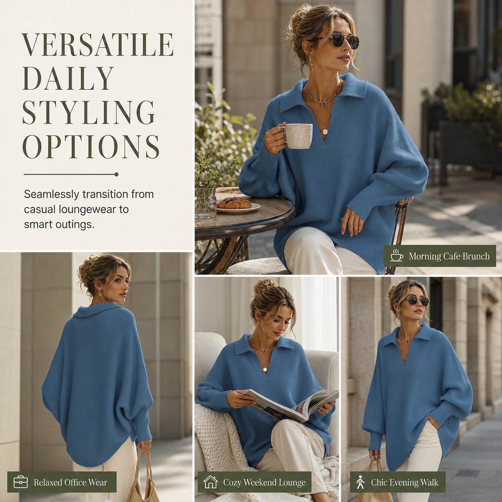 🔥🧶Bestseller | Oversized Slouchy, Home-Komfort – Damen Strickpullover mit offenem Kragen