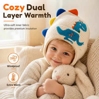 🔥🦕Bestseller | Warme Ohren, Winter draußen – Kinder Dino-Strickmütze mit Ohrenklappen