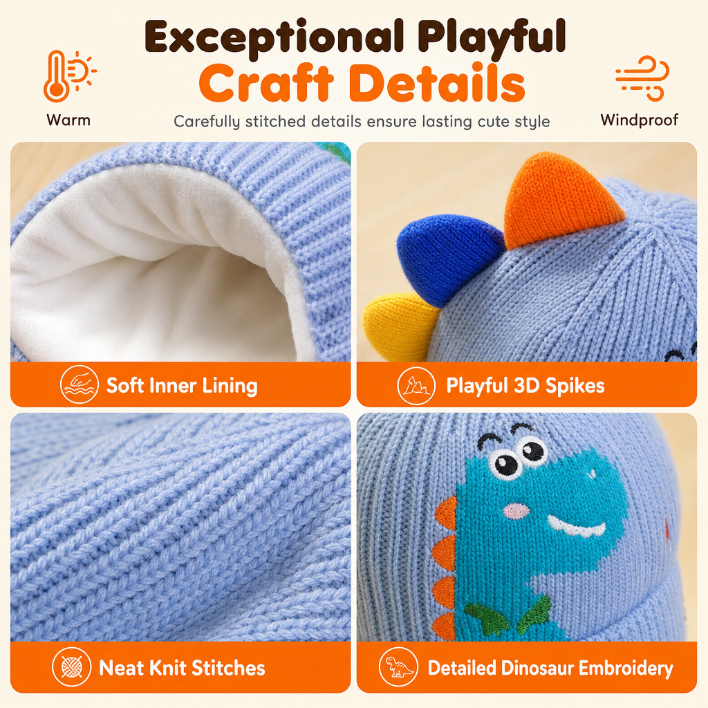 🔥🦕Bestseller | Warme Ohren, Winter draußen – Kinder Dino-Strickmütze mit Ohrenklappen