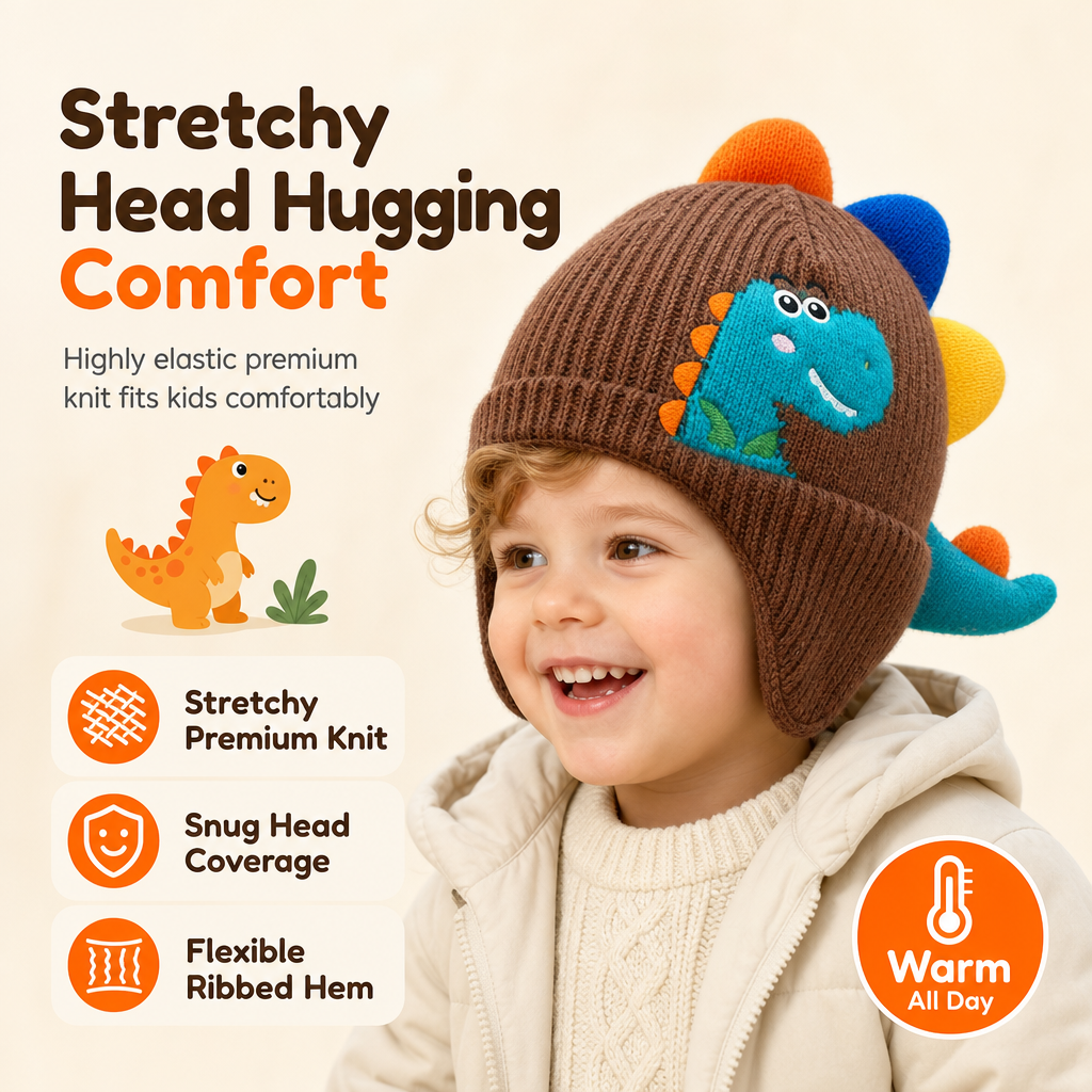 🔥🦕Bestseller | Warme Ohren, Winter draußen – Kinder Dino-Strickmütze mit Ohrenklappen
