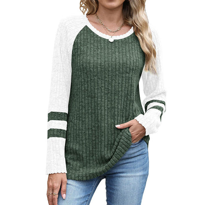 🔥👚Bestseller | Color-Block-Stil, vielseitig für jeden Tag – Langarm-Rippstrickoberteil für Damen im Color-Block-Design