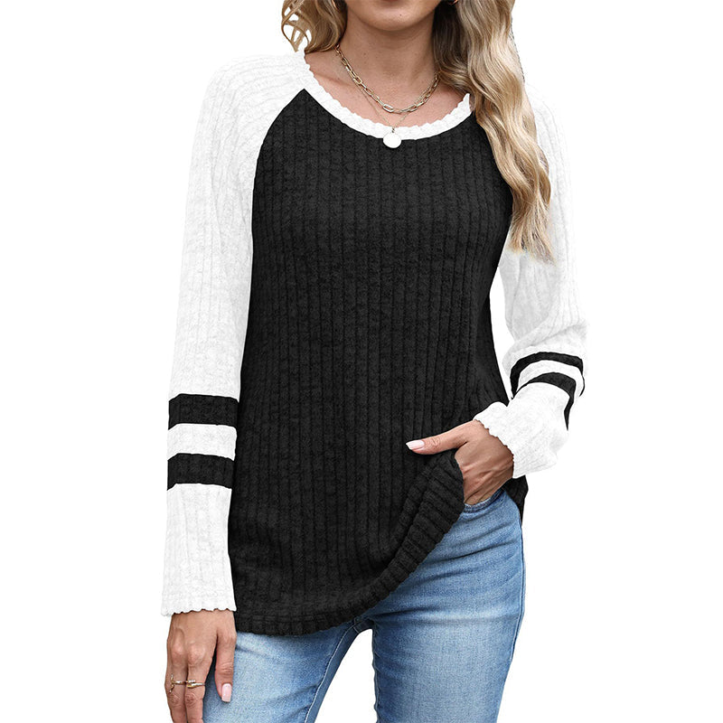 🔥👚Bestseller | Color-Block-Stil, vielseitig für jeden Tag – Langarm-Rippstrickoberteil für Damen im Color-Block-Design