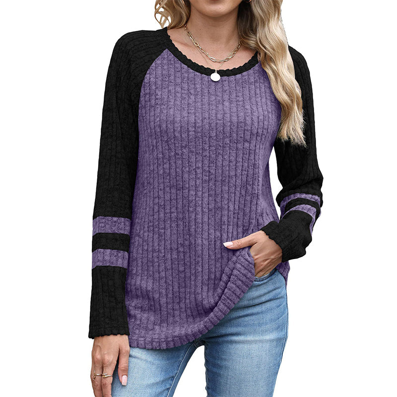 🔥👚Bestseller | Color-Block-Stil, vielseitig für jeden Tag – Langarm-Rippstrickoberteil für Damen im Color-Block-Design