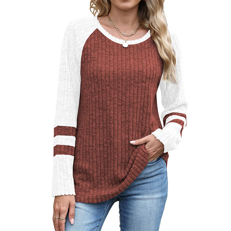🔥👚Bestseller | Color-Block-Stil, vielseitig für jeden Tag – Langarm-Rippstrickoberteil für Damen im Color-Block-Design