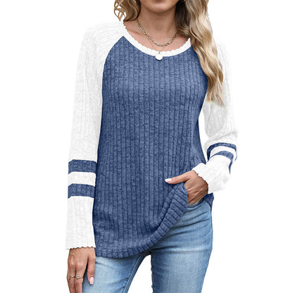 🔥👚Bestseller | Color-Block-Stil, vielseitig für jeden Tag – Langarm-Rippstrickoberteil für Damen im Color-Block-Design