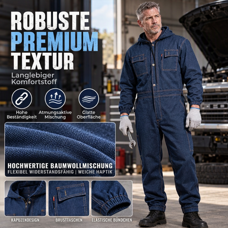 🔥👖Bestseller | Robust & abriebfest, Arbeitsschutz – Langlebige Herren-Denim-Arbeitskombi mit Kapuze